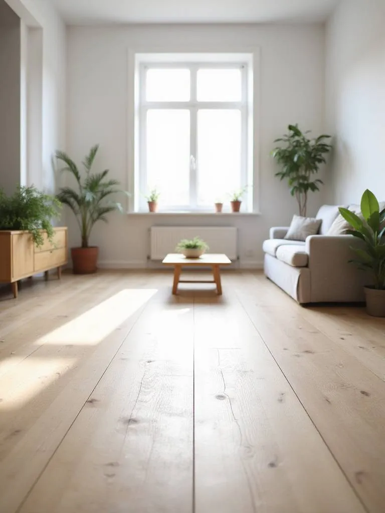 Bright Scandinavian living room with light birch wood flooring