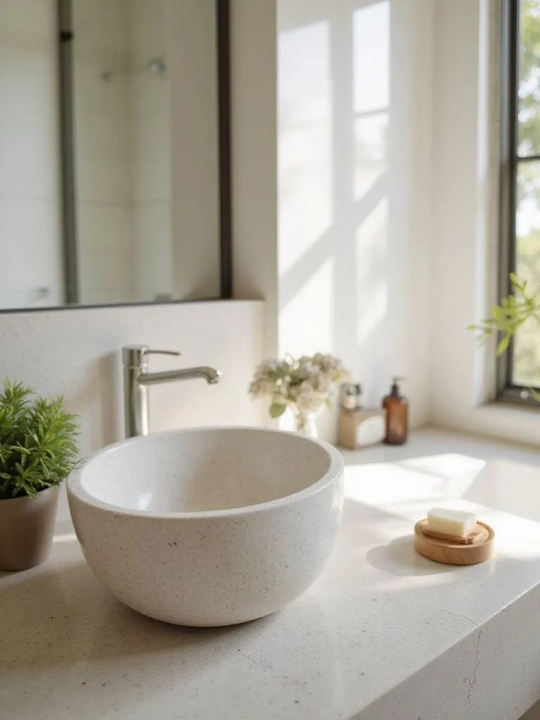Natural stone bathroom countertop with ceramic sink and organic toiletries, illuminated by natural light.