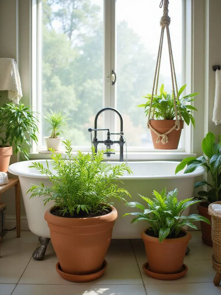 Terracotta pots with green plants in a bright and airy bathroom.