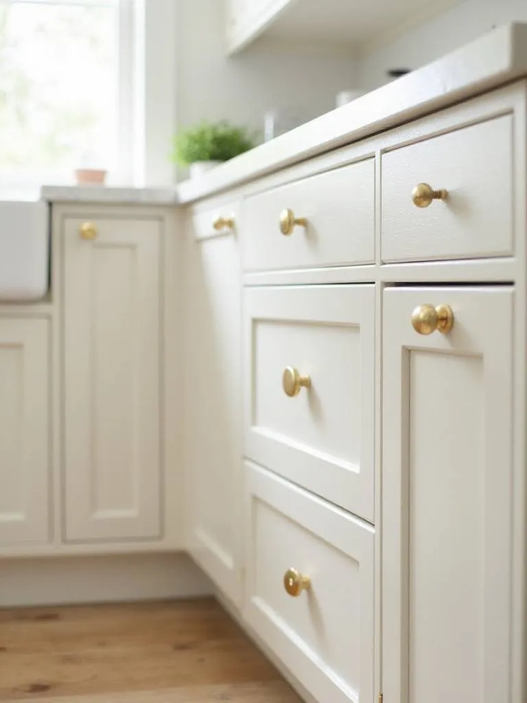 A kitchen featuring classic round brass knobs on cabinet doors and mushroom-shaped ceramic knobs on drawers, showcasing timeless and elegant hardware.