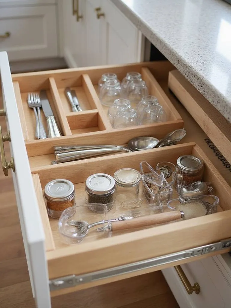 Organized kitchen drawer with cutlery tray, spice rack, and utensil compartments, maximizing small space.