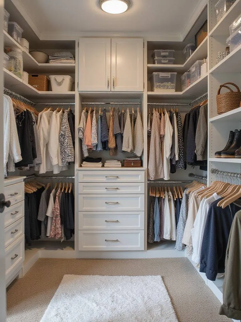 Well-organized walk-in closet with adjustable shelves, hanging rods, drawers, and shoe racks.