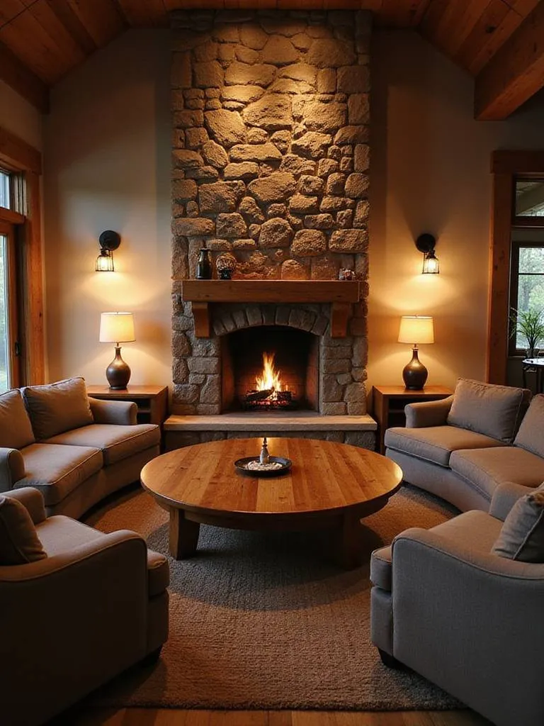Cozy living room layout with fireplace and round coffee table, centered for conversation.