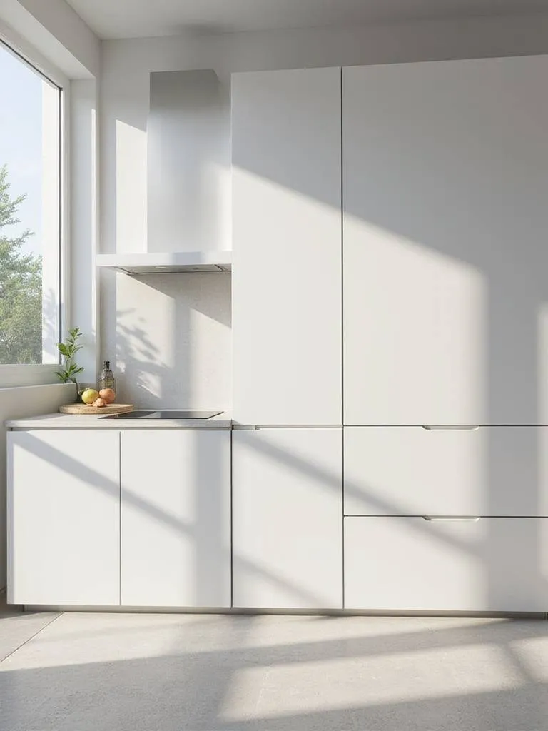 Modern kitchen cabinets featuring a seamless, hardware-free look achieved with concealed hinges. The image shows a bank of flat-panel doors with clean lines.