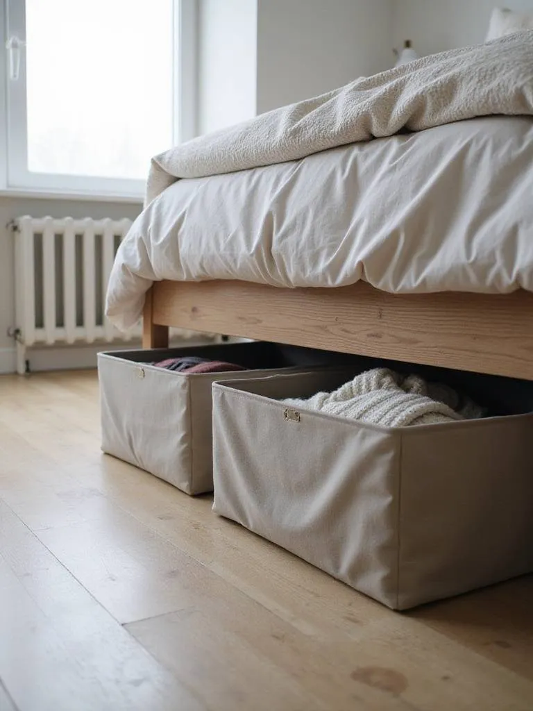 Fabric under-bed storage containers neatly organized under a modern platform bed, maximizing space and minimizing clutter.