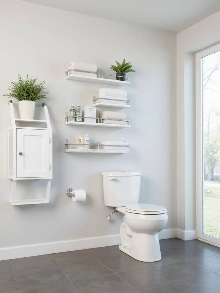 Comparison of bathroom storage options over the toilet, showing a freestanding over-the-toilet storage unit and wall-mounted shelves.