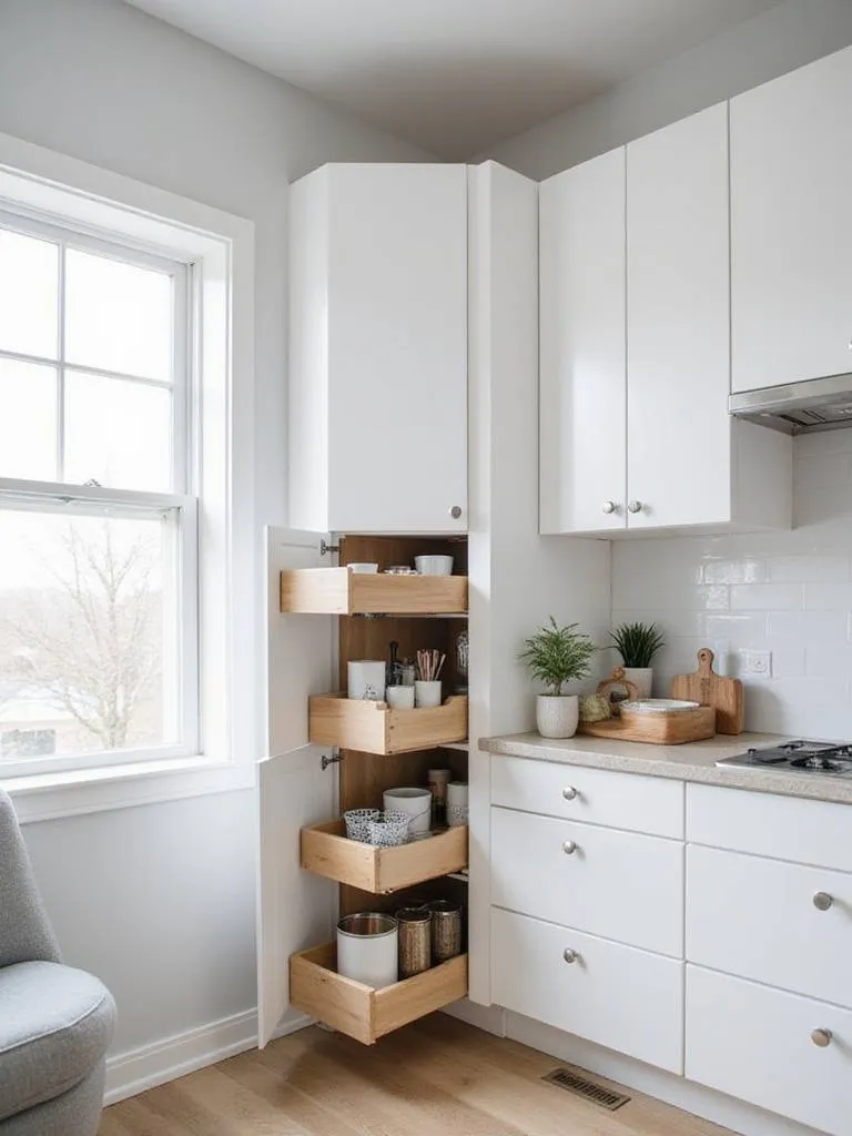 Corner kitchen cabinet with pull-out blind corner organizer showcasing optimized storage