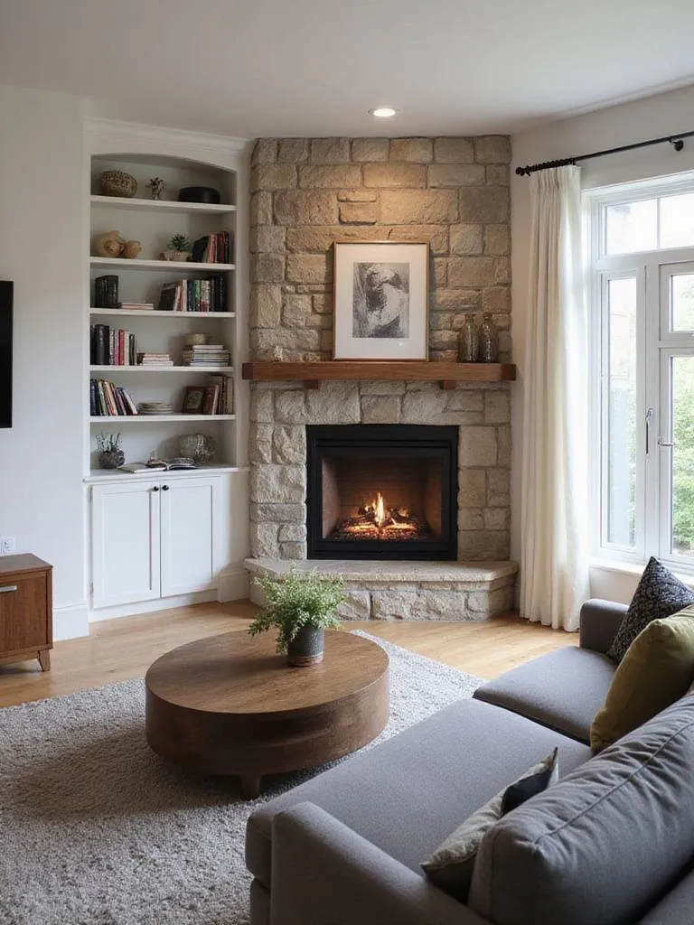 Cozy living room with corner fireplace and comfortable seating