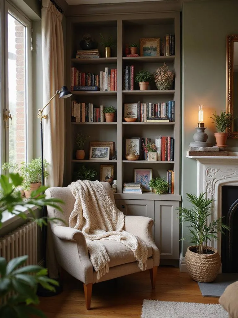 Cozy living room with built-in bookshelves, armchair, and warm lighting.