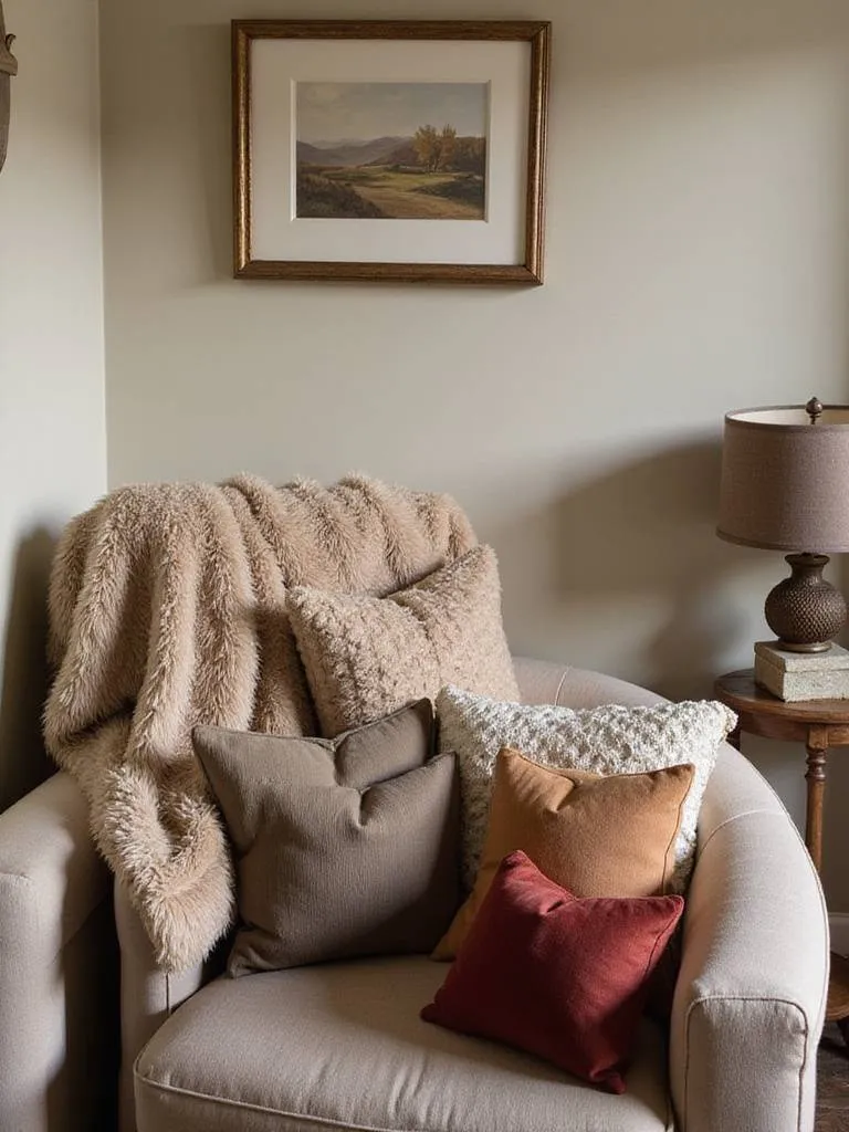 Cozy living room corner with armchair, throw blanket, and decorative pillows.