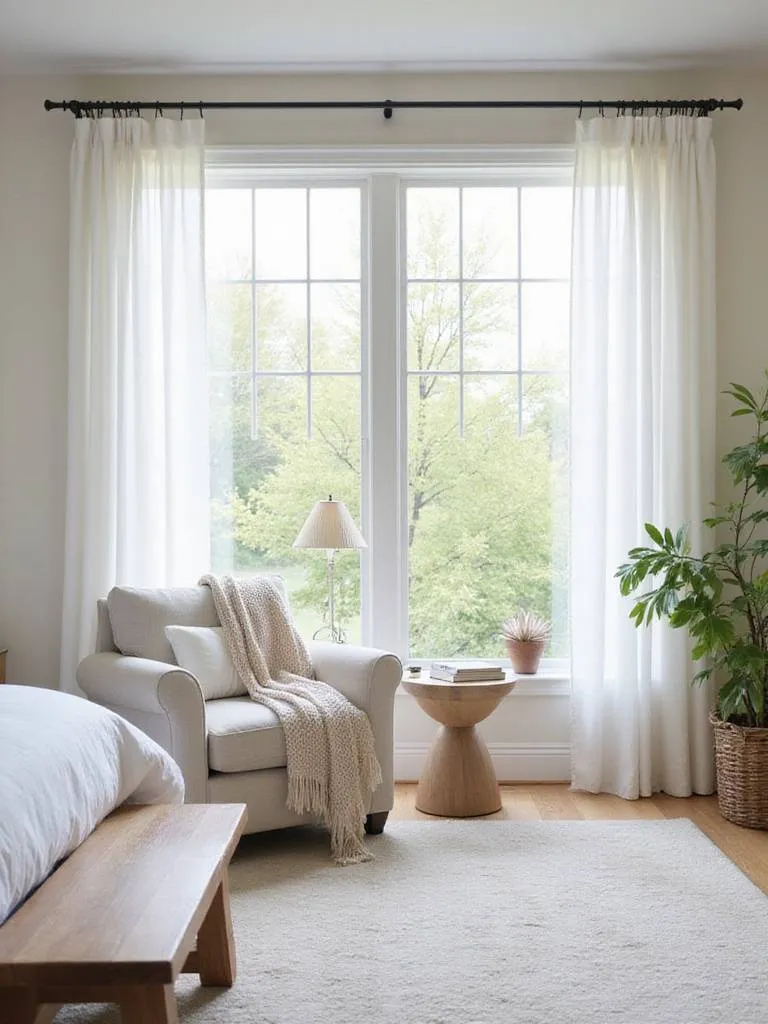 Cozy reading nook in a master bedroom with armchair, lamp, and natural light.