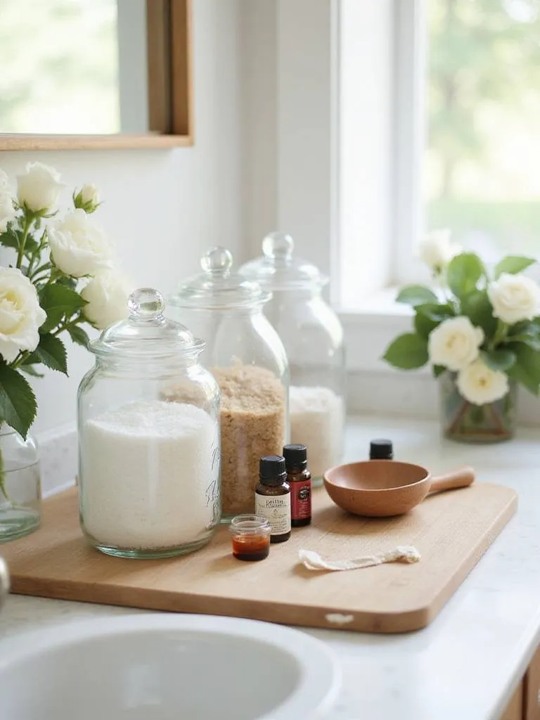 DIY natural body scrub station with jars of salt, sugar, and essential oils on a bathroom counter.
