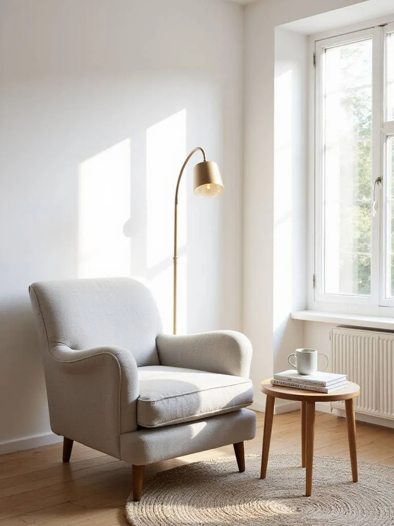 Scandinavian living room reading nook with grey armchair, floor lamp, and wooden side table.
