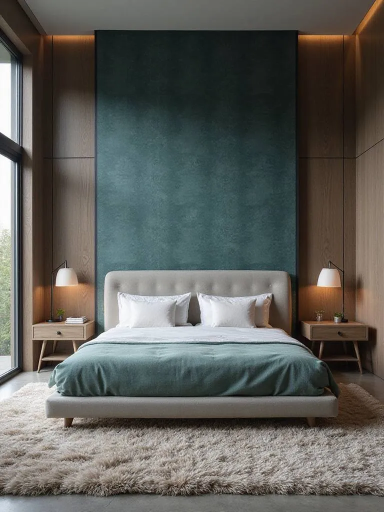 Master bedroom with dark teal geometric wallpaper feature wall.