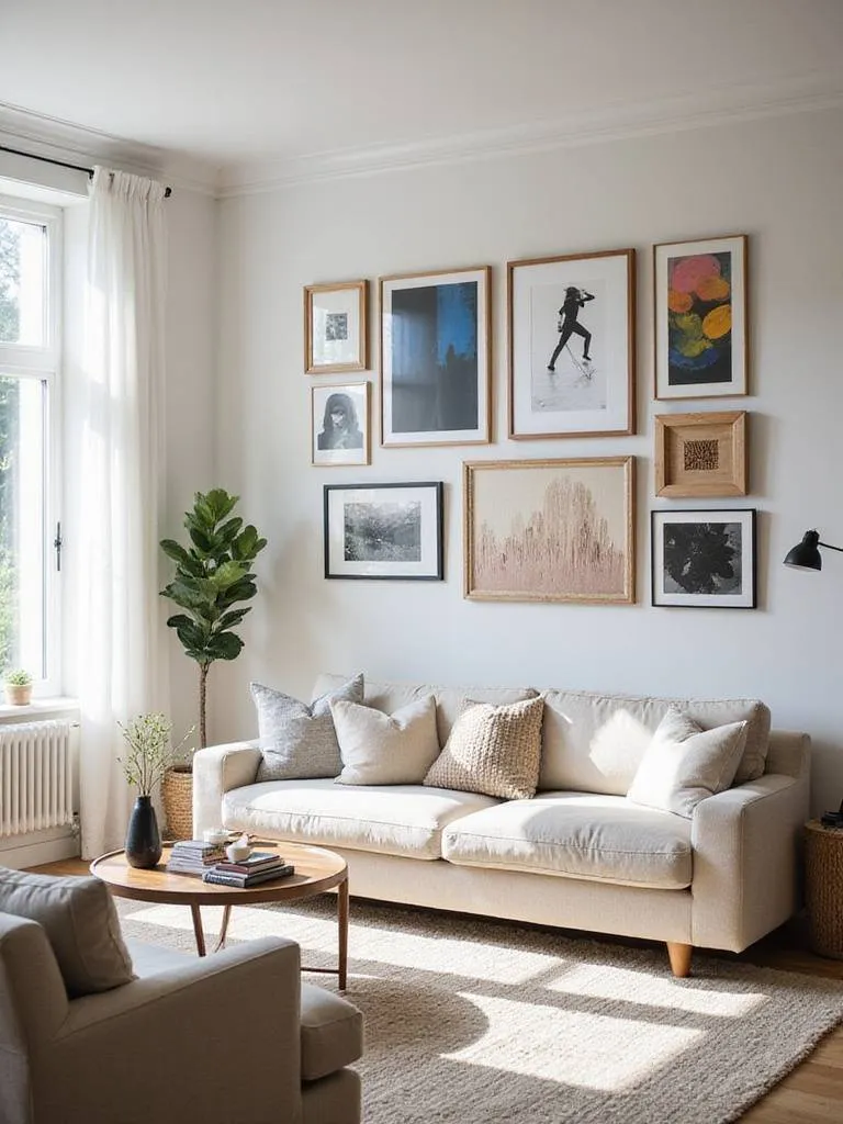 Modern living room with a gallery wall featuring a mix of art prints, photographs, and a tapestry.