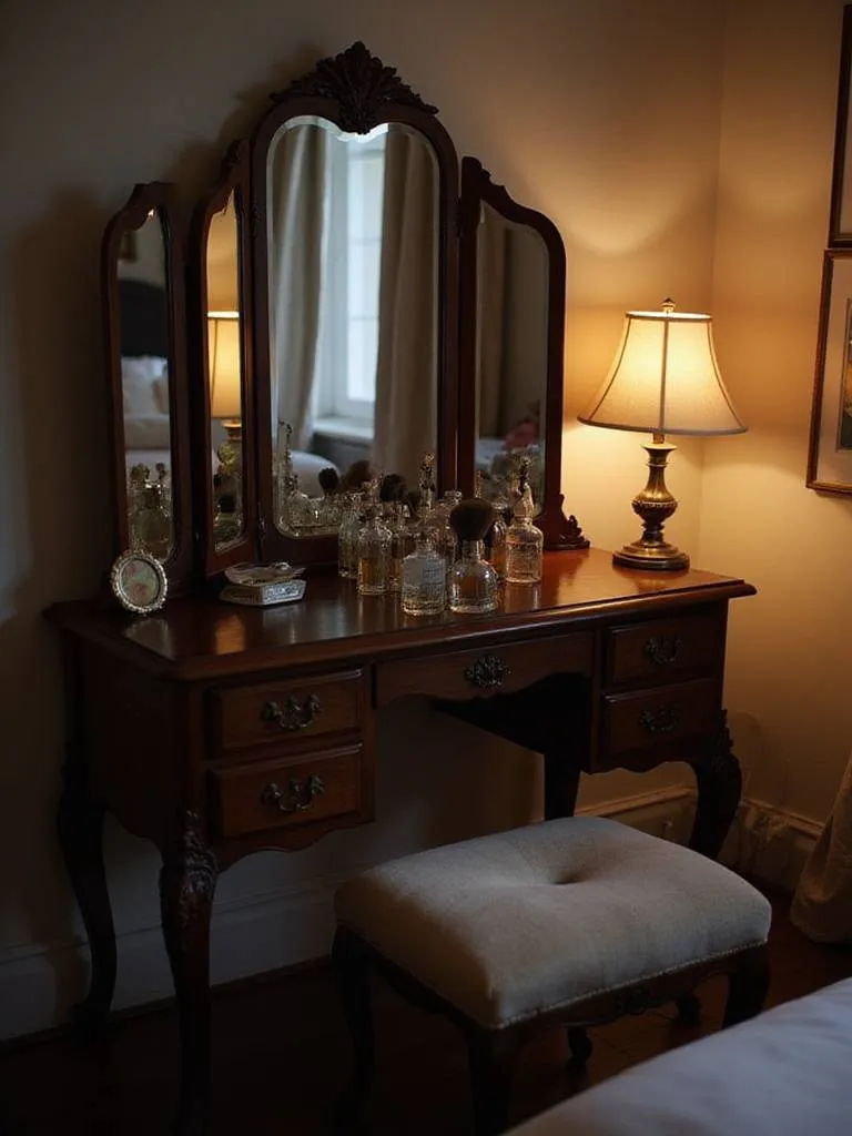 Vintage vanity set with trifold mirror and velvet stool in a bedroom corner