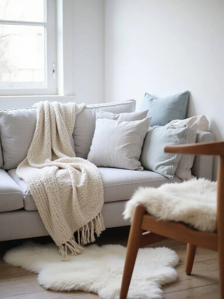 Scandinavian living room with cozy blankets and cushions for hygge