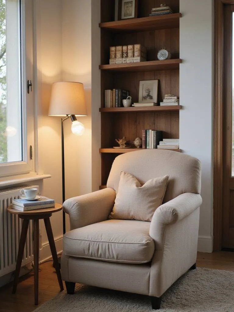 Cozy living room reading nook with armchair, lamp, and bookshelf