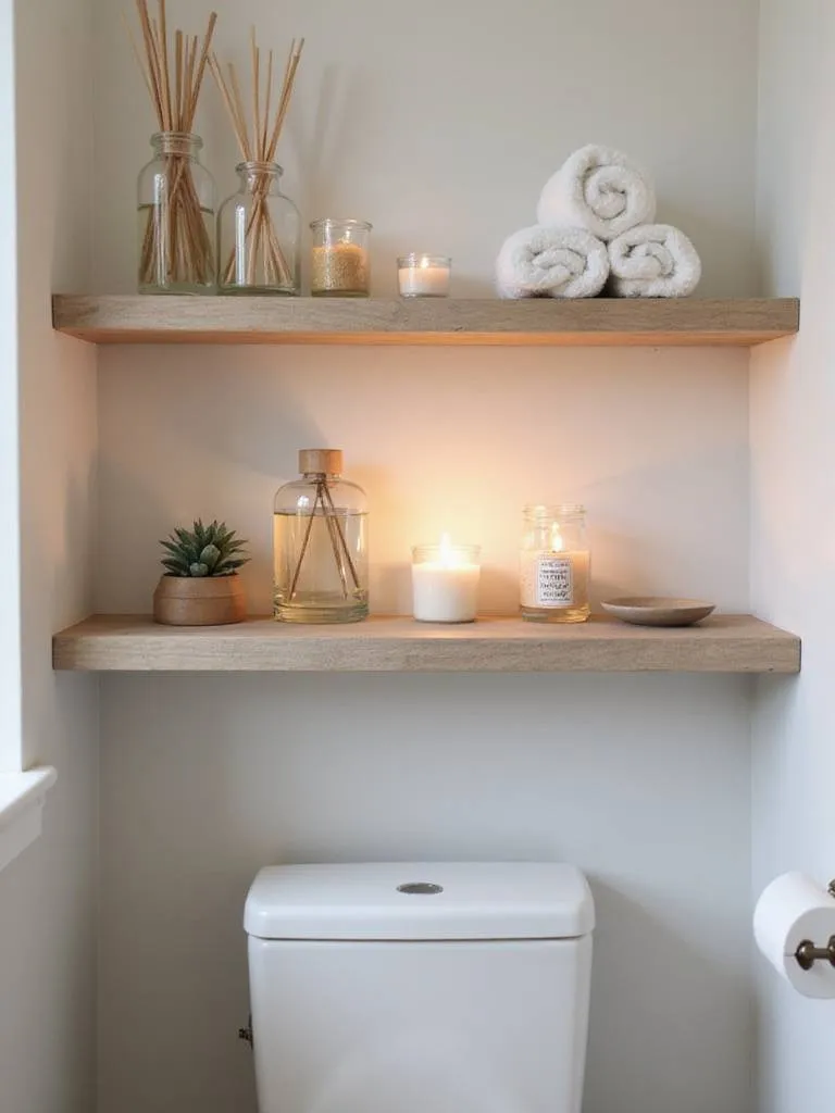 Bathroom shelf over toilet styled with reed diffusers and <a href=