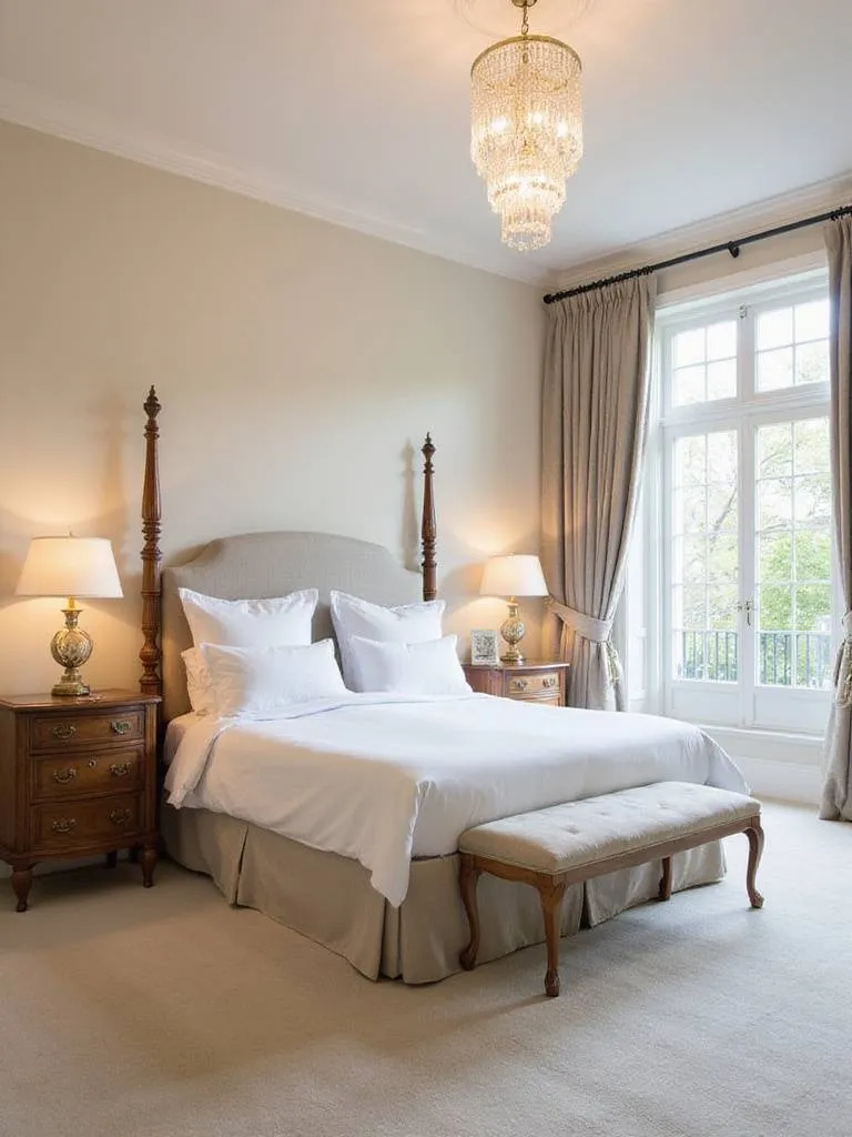 Classic elegant master bedroom with four-poster bed and luxurious linens.