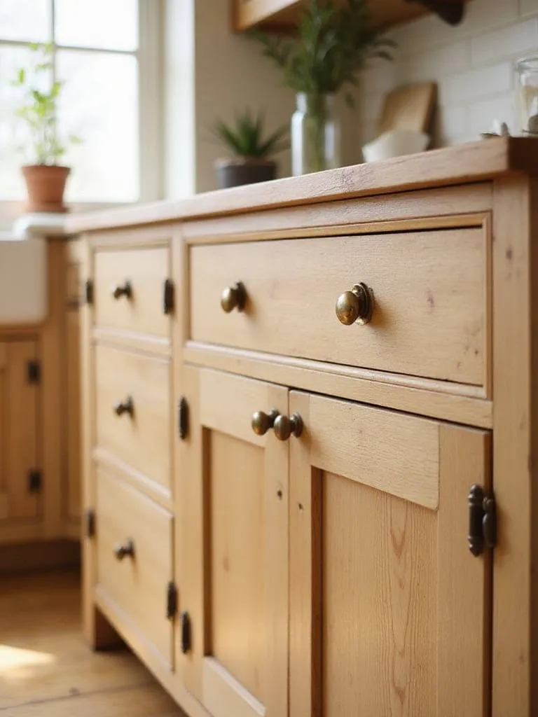 Farmhouse kitchen cabinets with aged brass cup pulls on drawers and matching knobs on doors, showcasing vintage-style hardware.