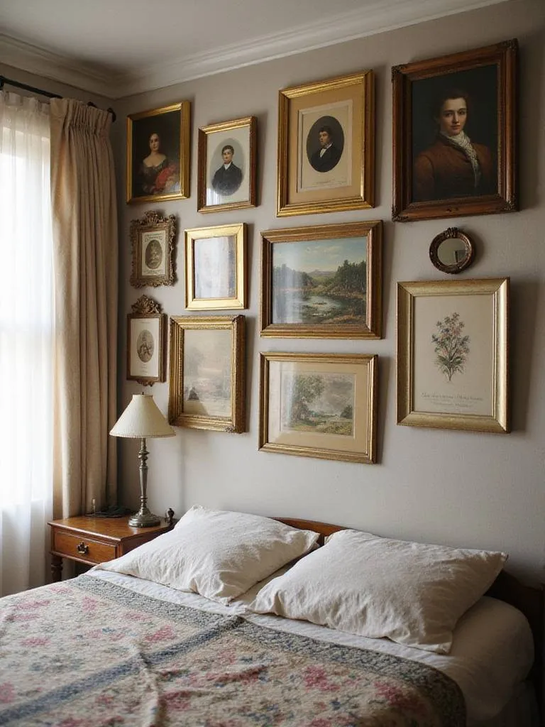 Vintage bedroom with eclectic gallery wall featuring antique portraits, botanical prints, and vintage advertisements.