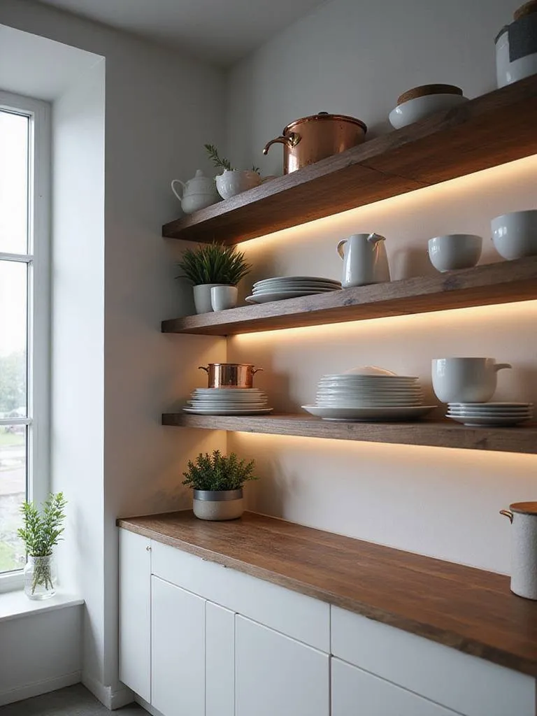 Luxurious kitchen with curated open shelving displaying dishware and cookware