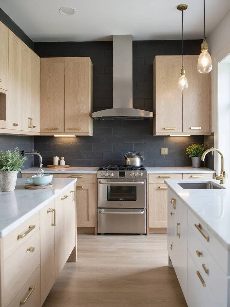 Modern kitchen with dark charcoal gray tile backsplash, light oak cabinets, and white quartz countertops.