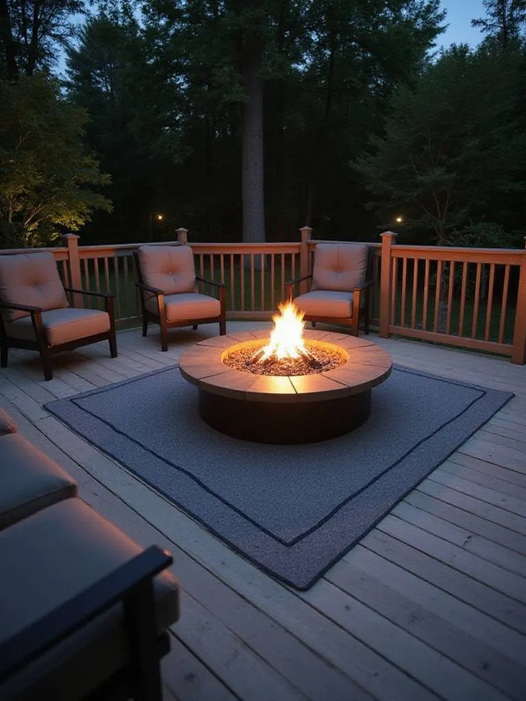 Modern wooden deck with propane fire pit and fire-resistant mat