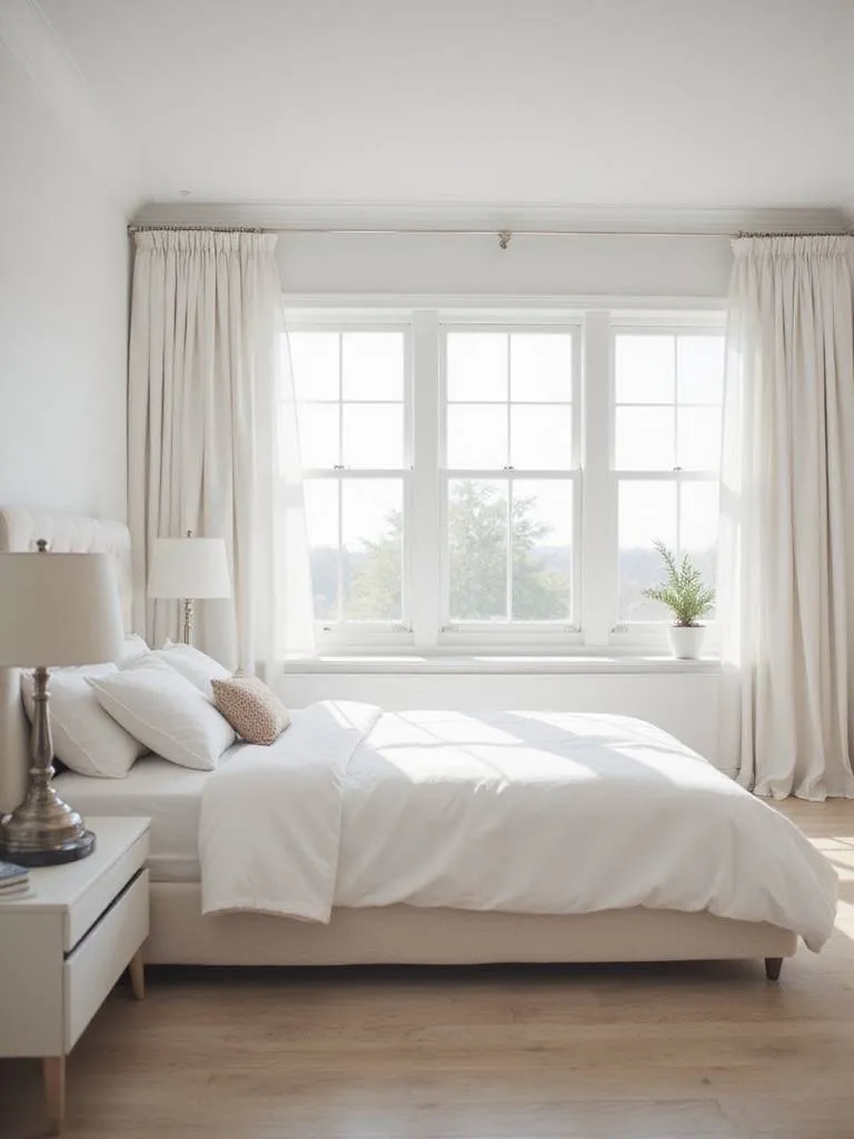Serene and uncluttered master bedroom with minimalist design and natural light.
