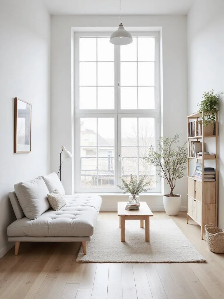 Bright and airy Scandinavian living room with minimalist decor and uncluttered surfaces.