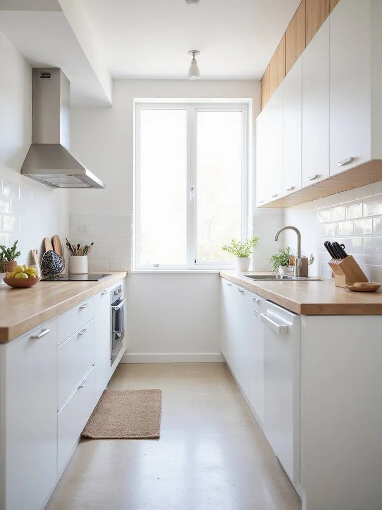 Small minimalist kitchen with decluttered countertops and organized storage solutions, creating a spacious feel.