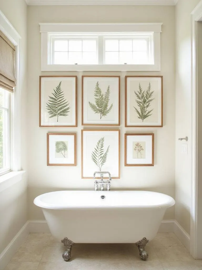 Bathroom with botanical print gallery wall above bathtub