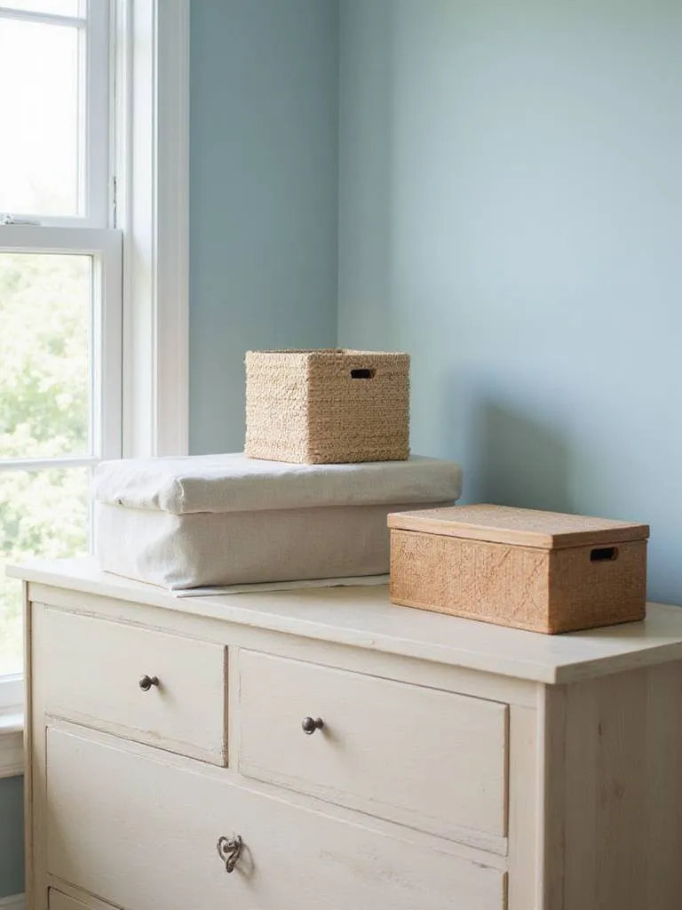 Decorative boxes on a dresser providing stylish bedroom storage.