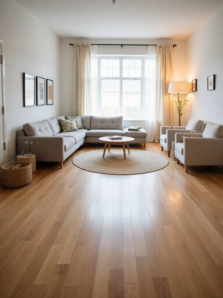 Living room with distinct zones defined by area rugs: a seating area with a large rug and a reading nook with a round rug.