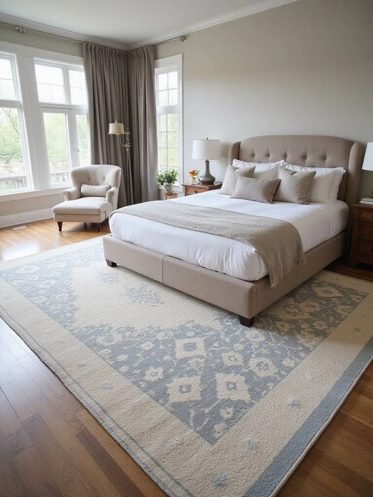 Master bedroom interior with a large area rug defining the sleeping area