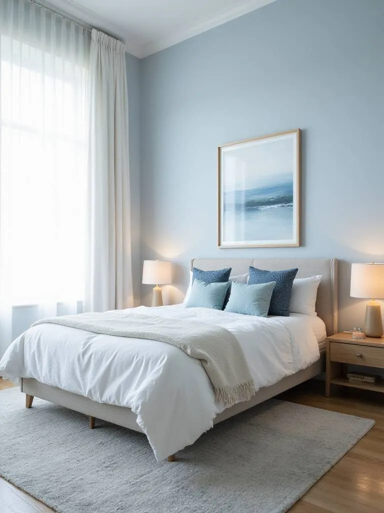 Calming blue master bedroom with natural light and soft textures