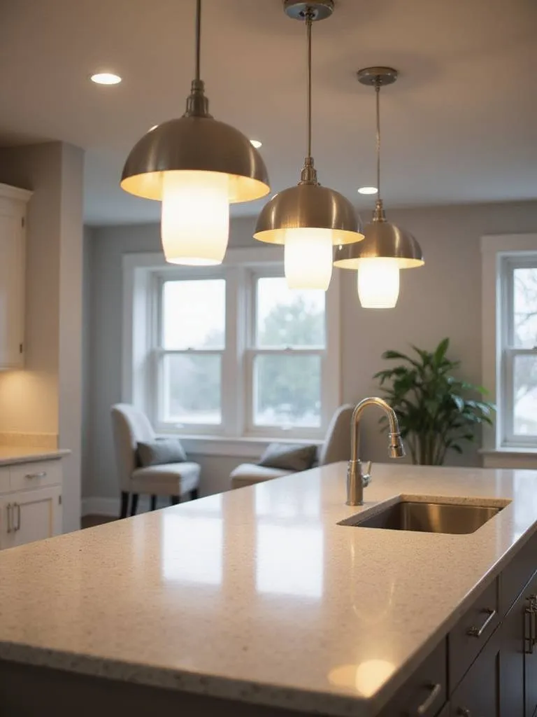 Dimmable pendant lights above a kitchen island creating a warm and inviting atmosphere.