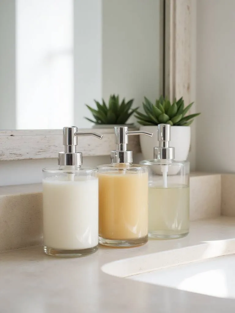 Refillable glass soap and lotion dispensers on a bathroom countertop.