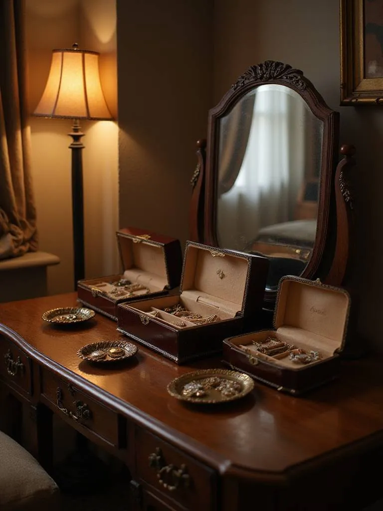 Vintage jewelry boxes and trinket dishes displayed on an antique vanity.