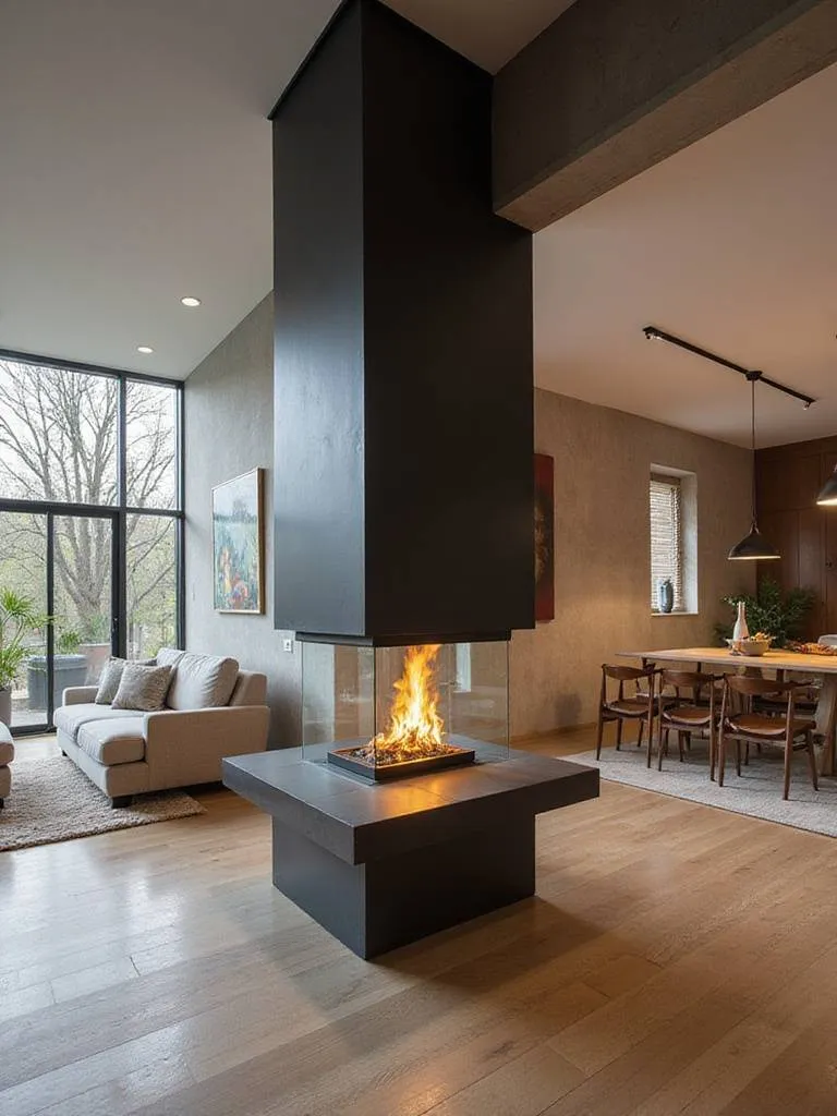 Double-sided fireplace dividing a modern living room and dining area.