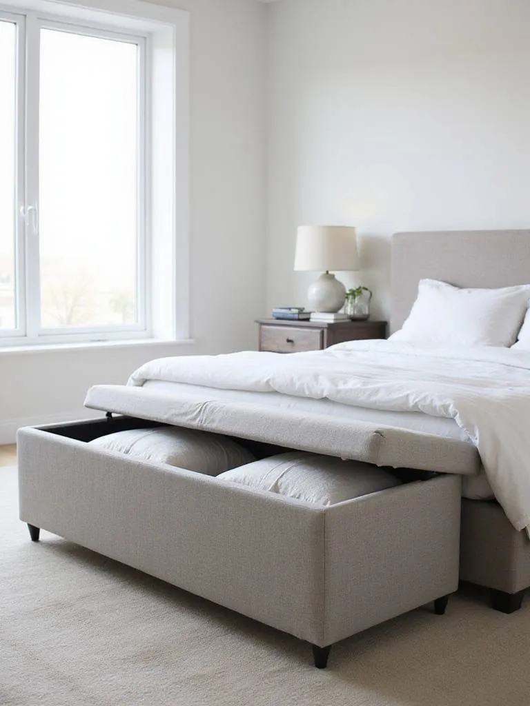 Light grey linen storage ottoman at the foot of a bed in a modern bedroom.