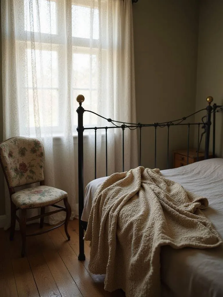 Vintage bedroom decor featuring kimono draped on bed and shawl draped on chair.