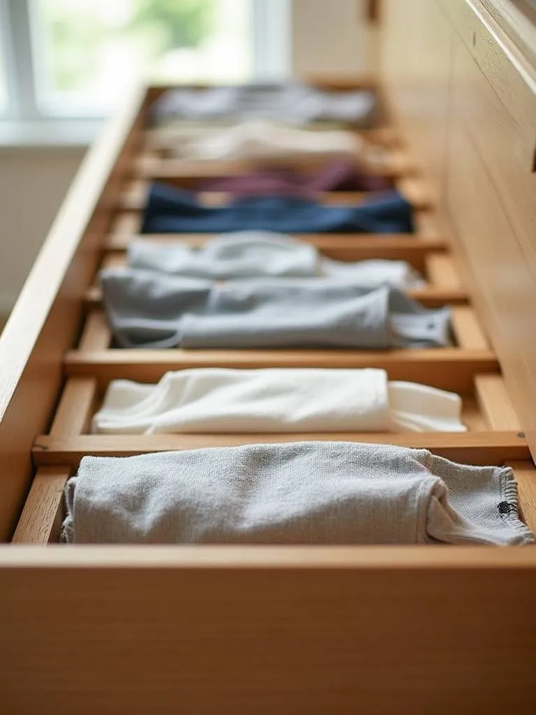 Organized dresser drawer with bamboo dividers separating folded clothes