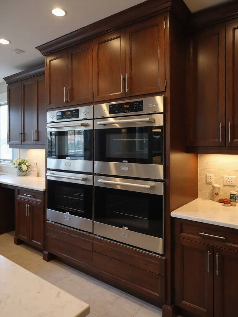 Luxury kitchen with stainless steel double ovens integrated into dark wood cabinetry.