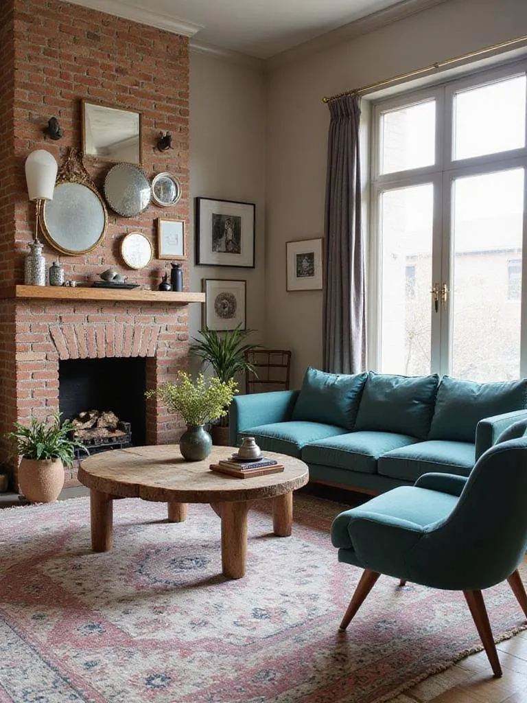Eclectic living room with a brick fireplace, featuring a mid-century modern sofa, Moroccan rug, and gallery wall.