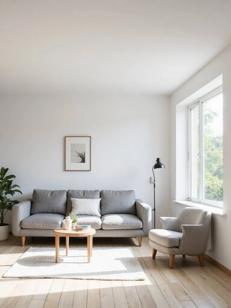 Scandinavian living room showcasing the Lagom philosophy with balanced elements of comfort, nature, and simplicity.
