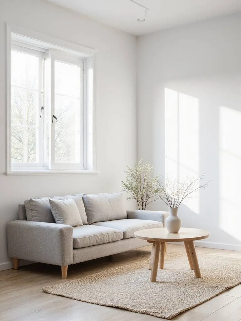 Minimalist Scandinavian living room with light wood floors and grey sofa.