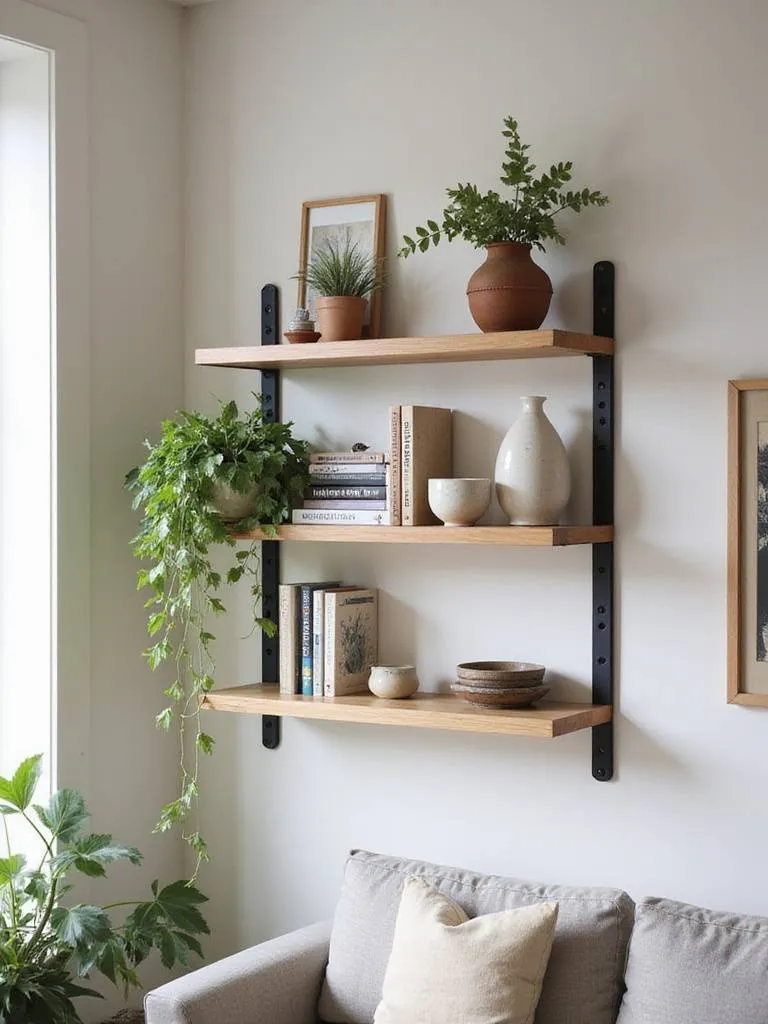 Modern living room with stylish open shelving unit displaying books, plants, and décor