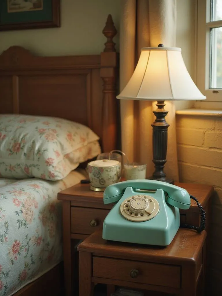 Vintage-inspired bedroom decor featuring a pastel-colored rotary dial telephone on a wooden bedside table.
